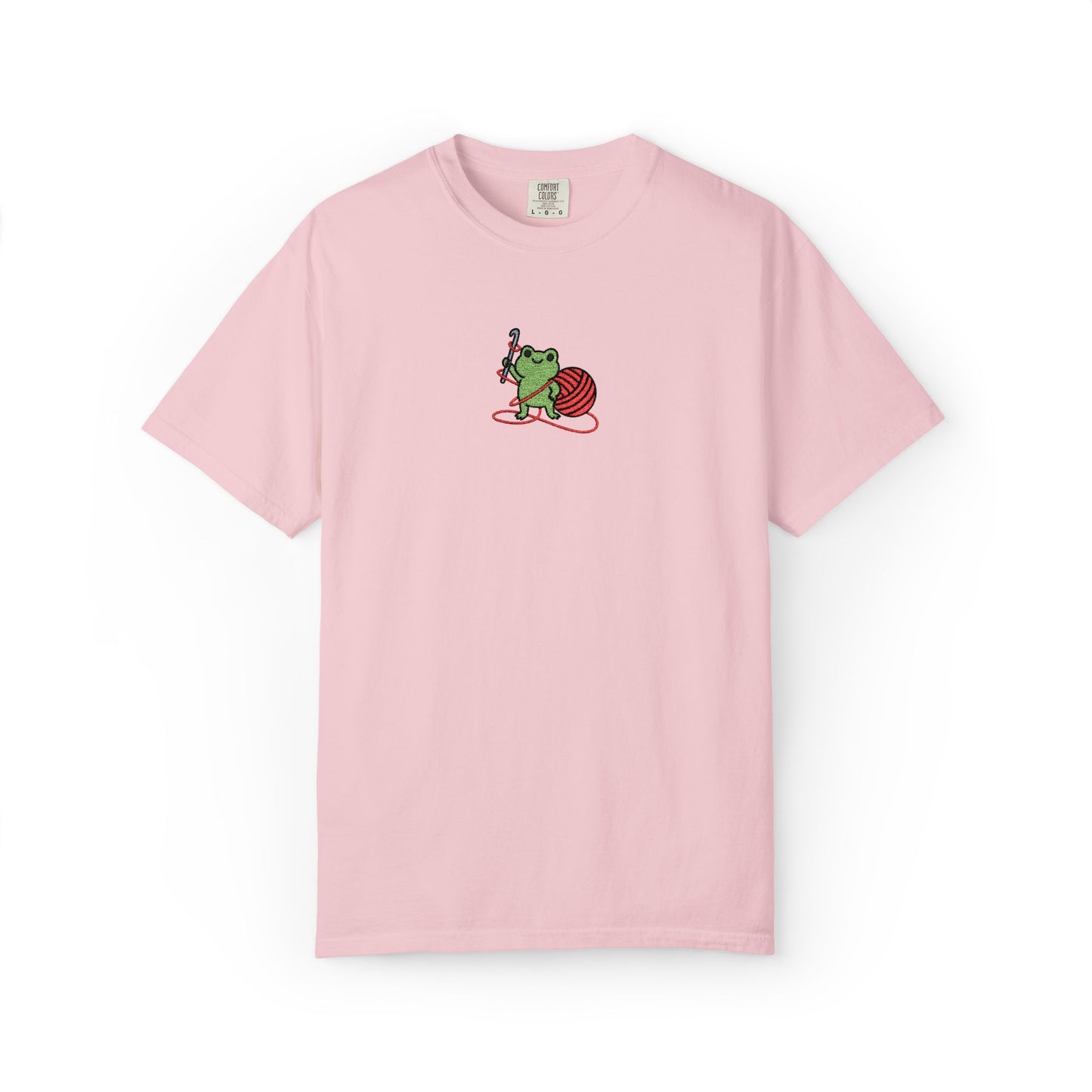 Embroidered Frog Graphic Shirt with Crochet Hook and Yarn