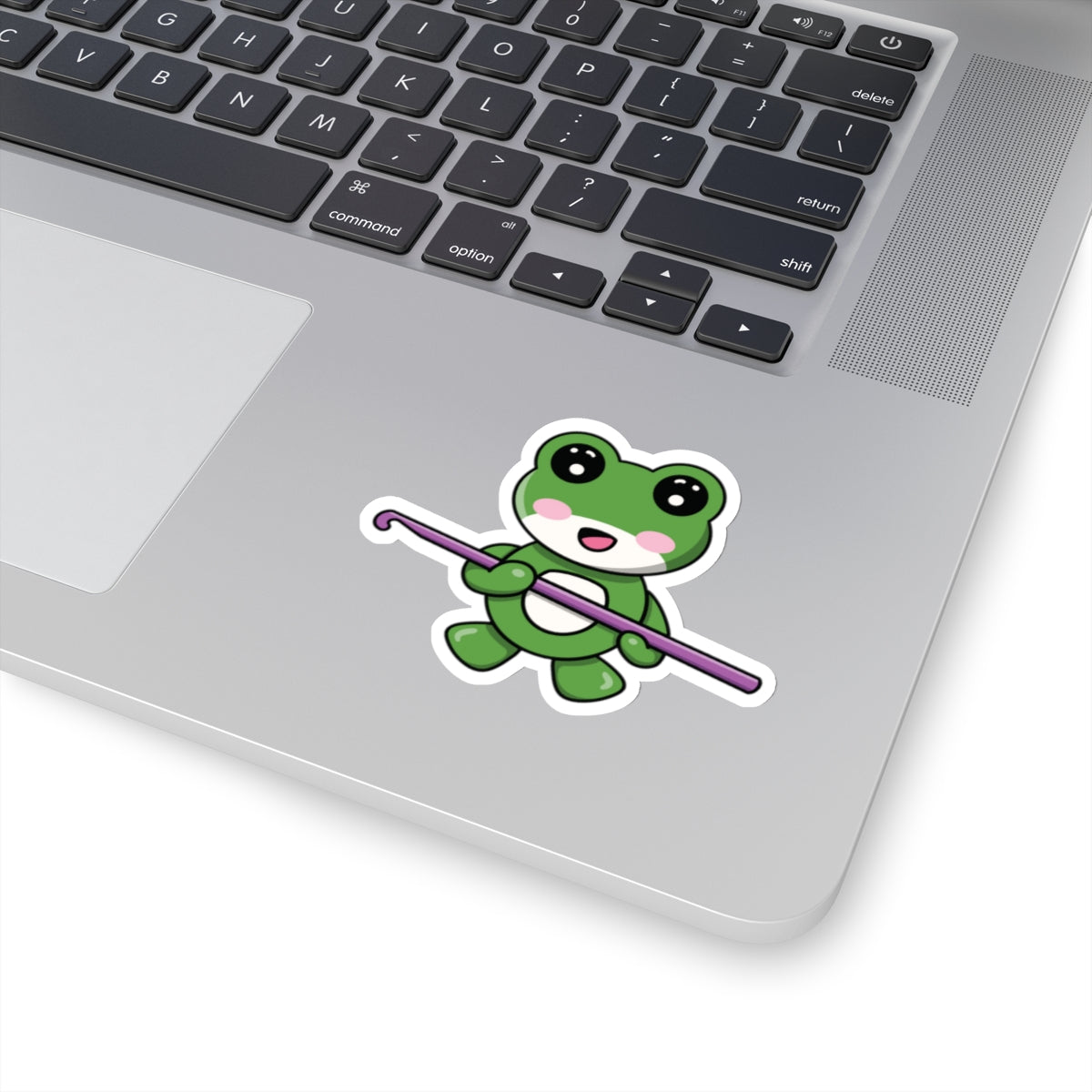Kiss-Cut Stickers - Cute Green Frog Holding a Crochet Hook