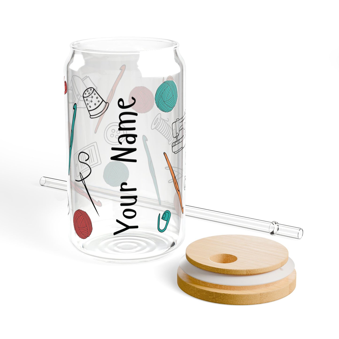 16 oz Glass Cup with Straw and Lid - Crochet Crafting Tools