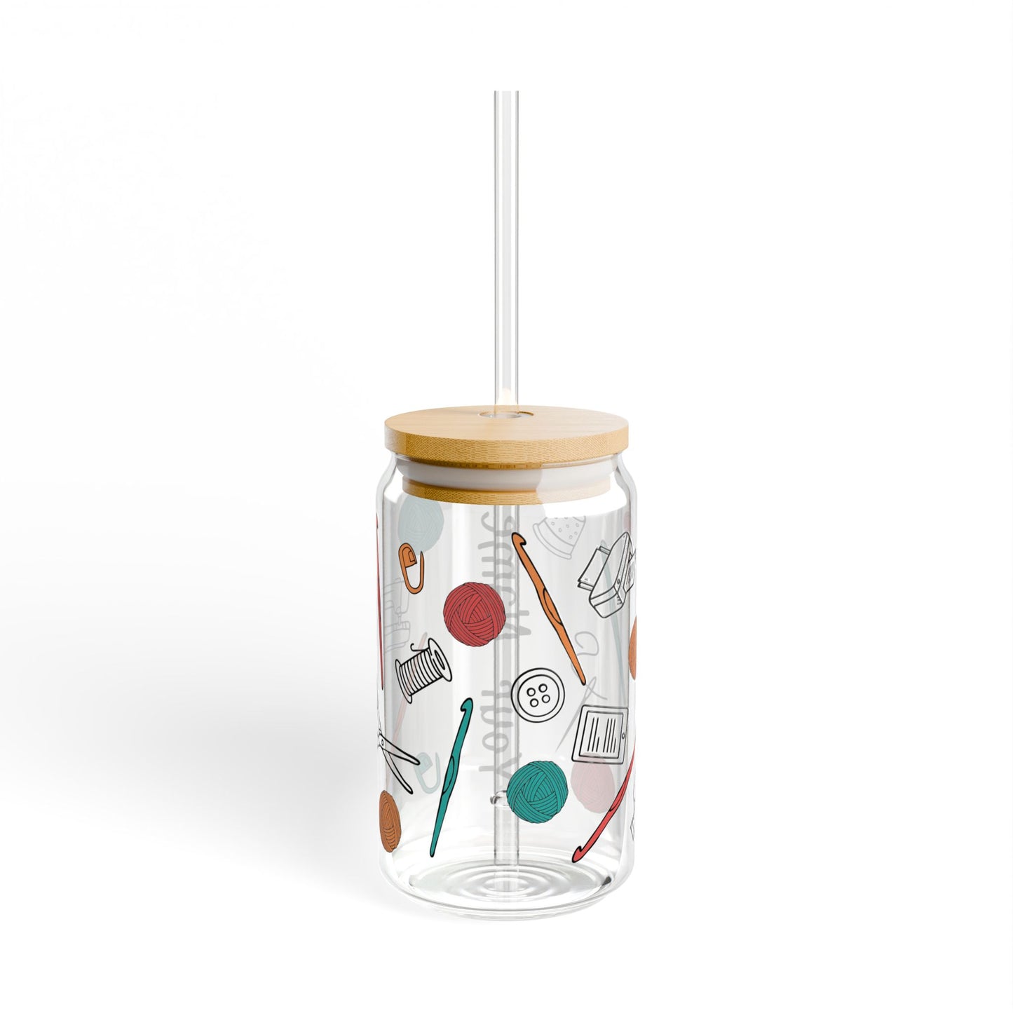 16 oz Glass Cup with Straw and Lid - Crochet Crafting Tools