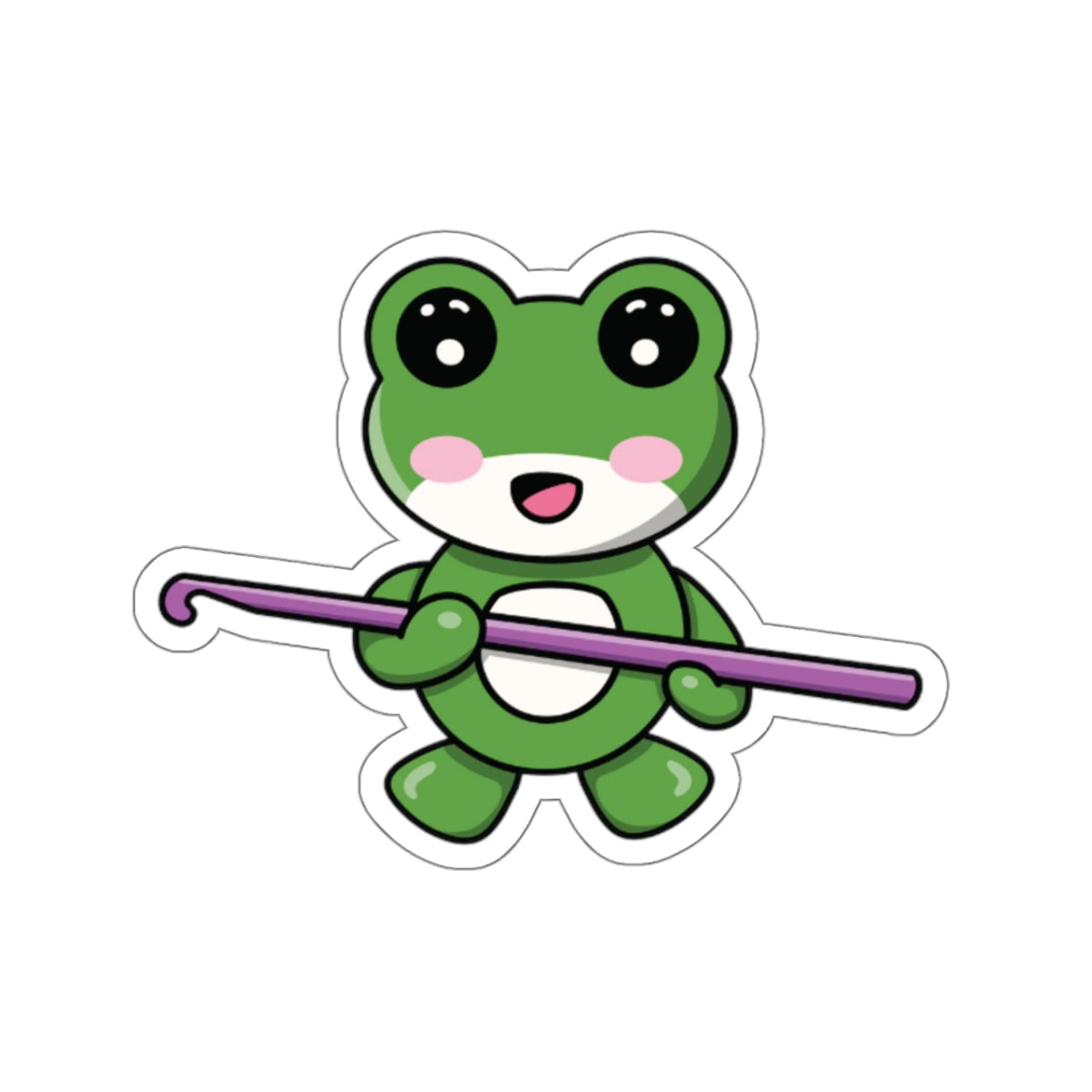 Kiss-Cut Stickers - Cute Green Frog Holding a Crochet Hook