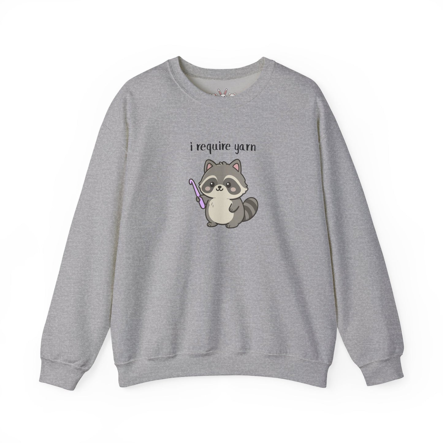 Require Yarn Sweatshirt | Cute Raccoon with Crochet Hook Funny Long Sleeve Crewneck Shirt