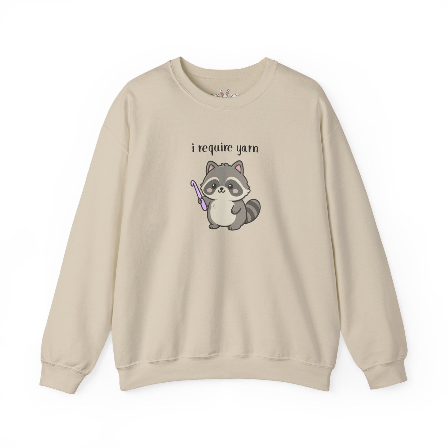Require Yarn Sweatshirt | Cute Raccoon with Crochet Hook Funny Long Sleeve Crewneck Shirt