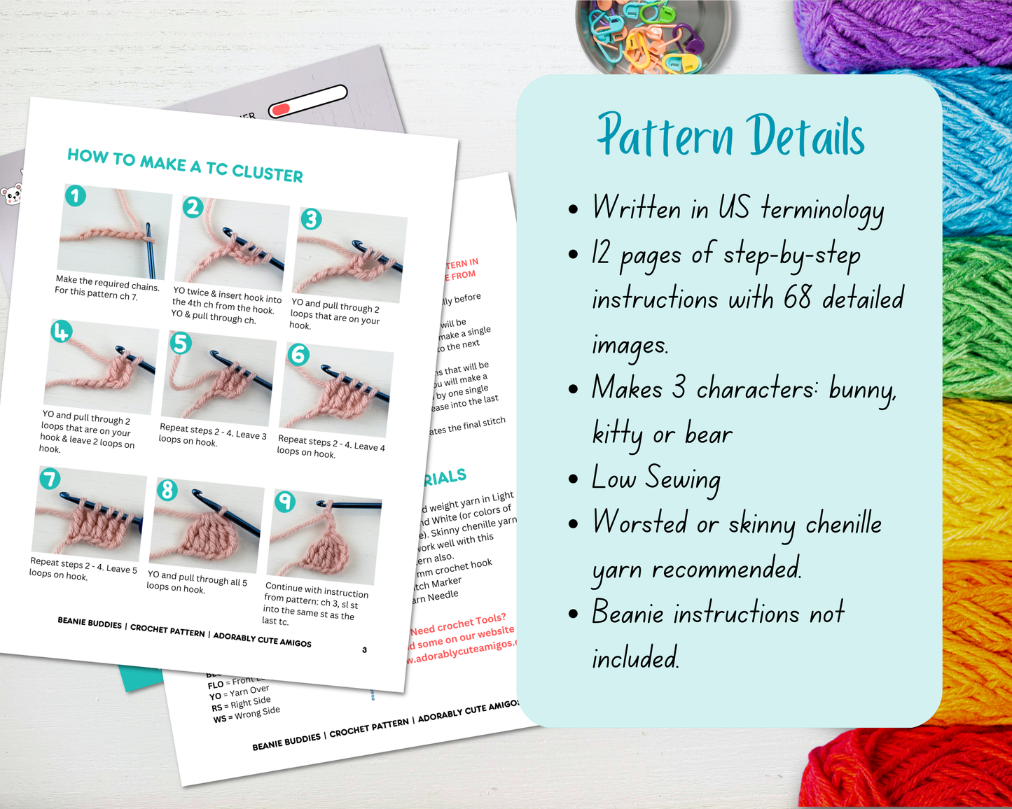 Beanie Buddies Animal Applique Crochet Pattern | Digital Download PDF | Bear, Kitty and Bunny