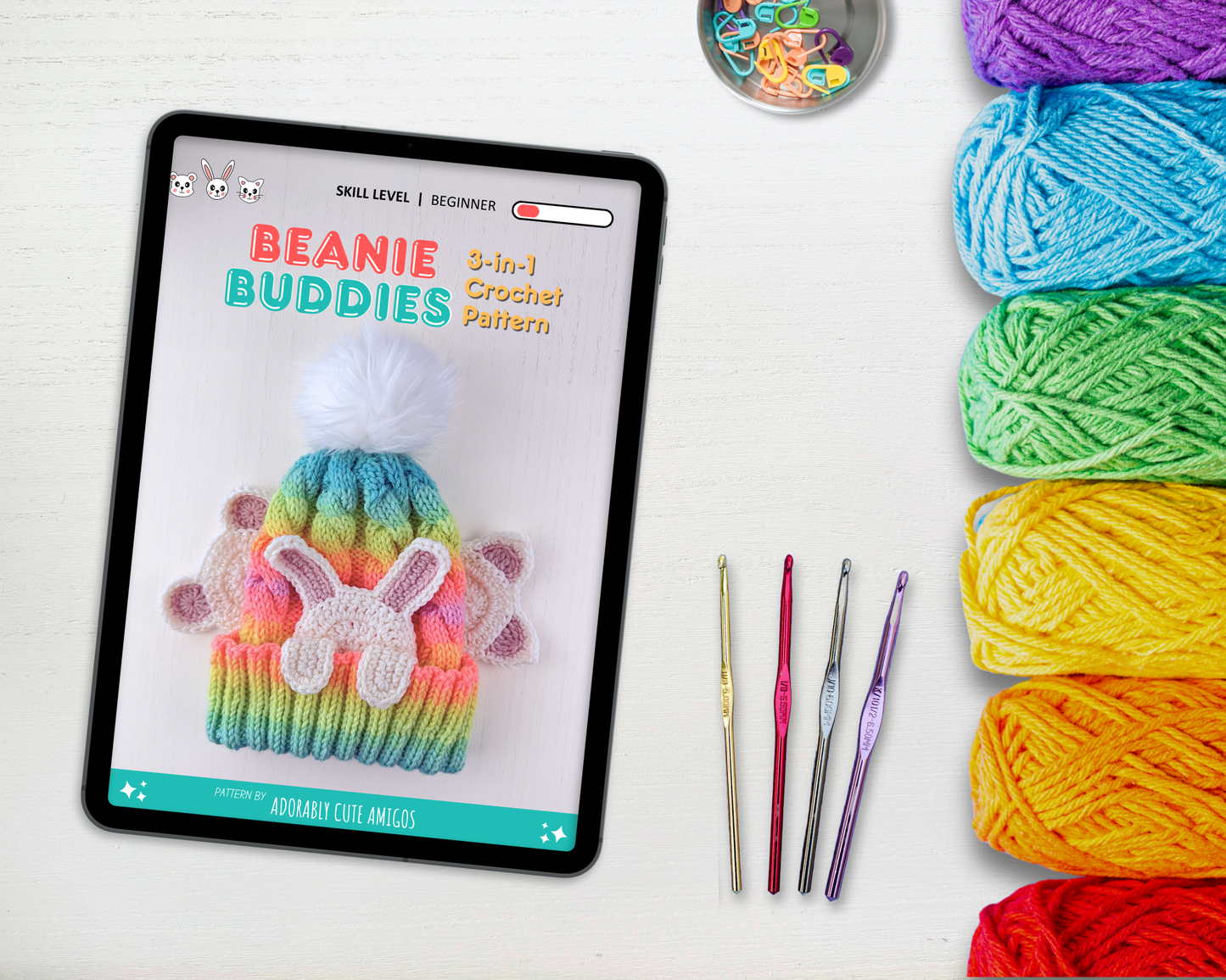 Beanie Buddies Animal Applique Crochet Pattern | Digital Download PDF | Bear, Kitty and Bunny