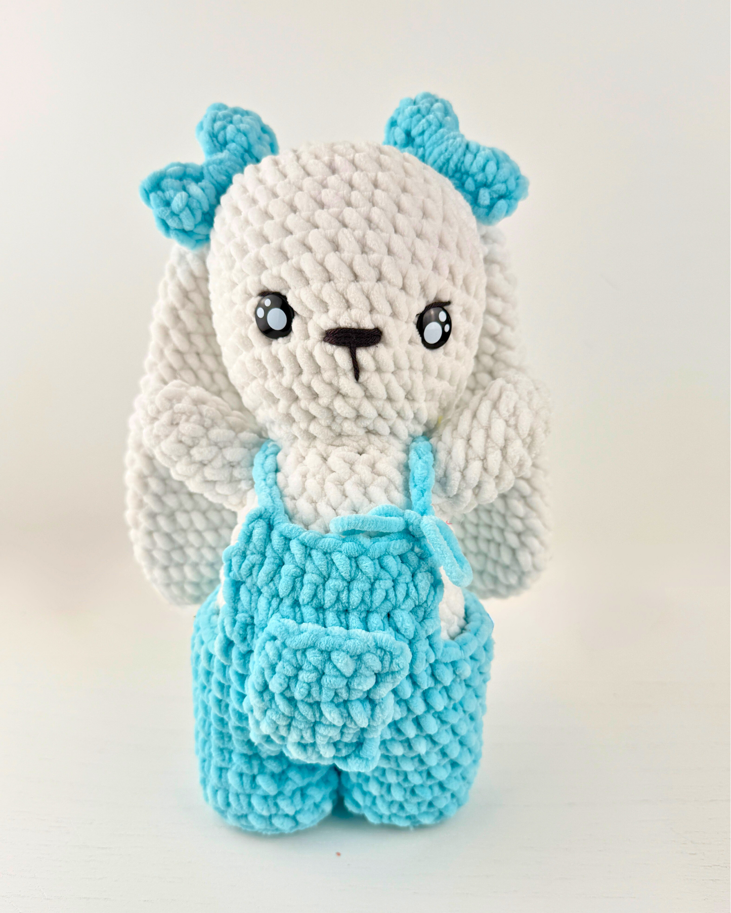 Bunny Plush with Bow and Overalls | Blue Crochet Amigurumi Plushie | Cute Handmade Gift