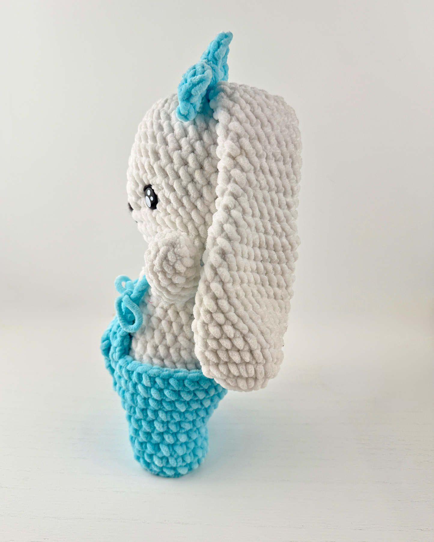 Bunny Plush with Bow and Overalls | Blue Crochet Amigurumi Plushie | Cute Handmade Gift