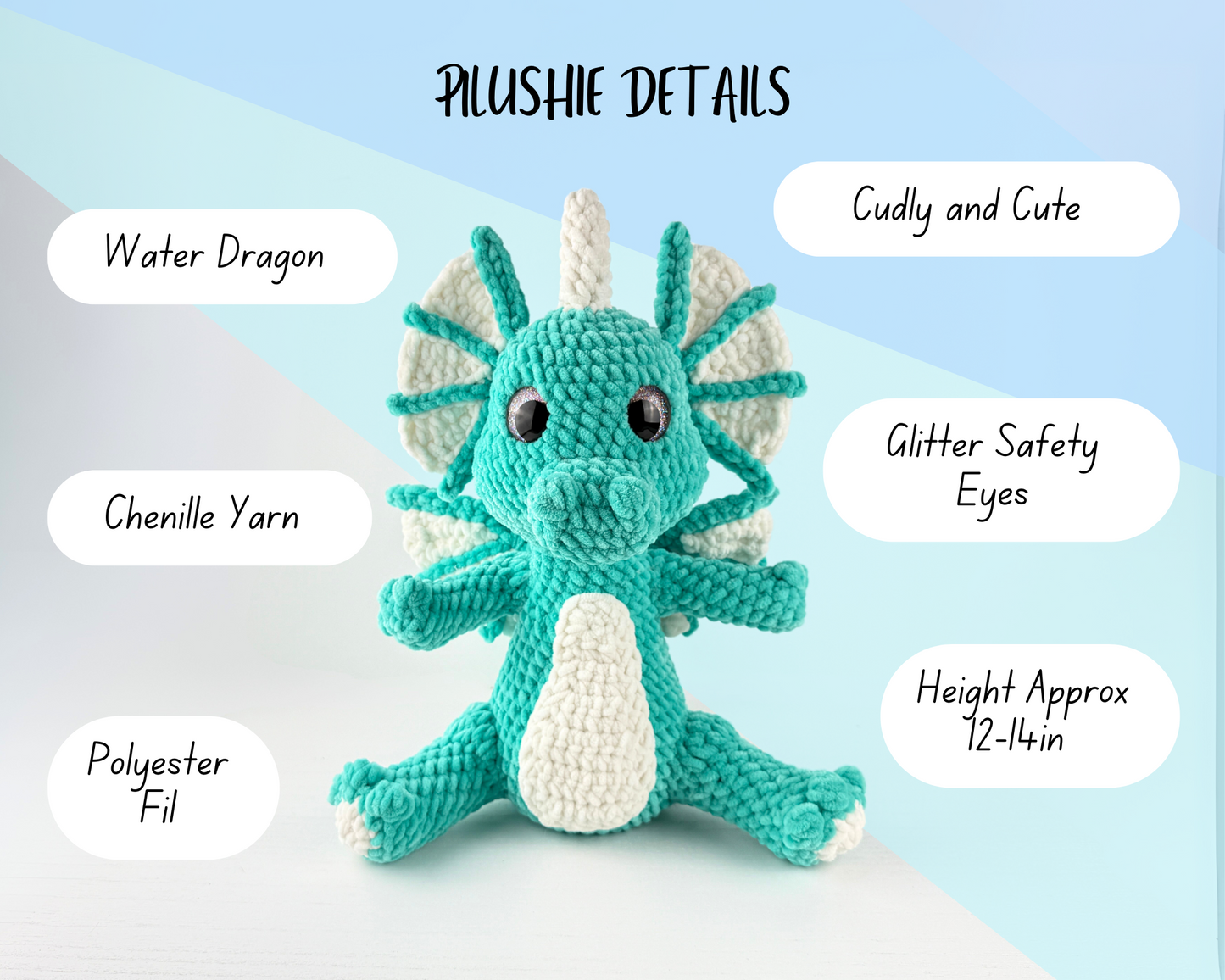 Dewdrop Water Dragon Plush | Aqua Crochet Amigurumi Plushie | Cute Handmade Gift