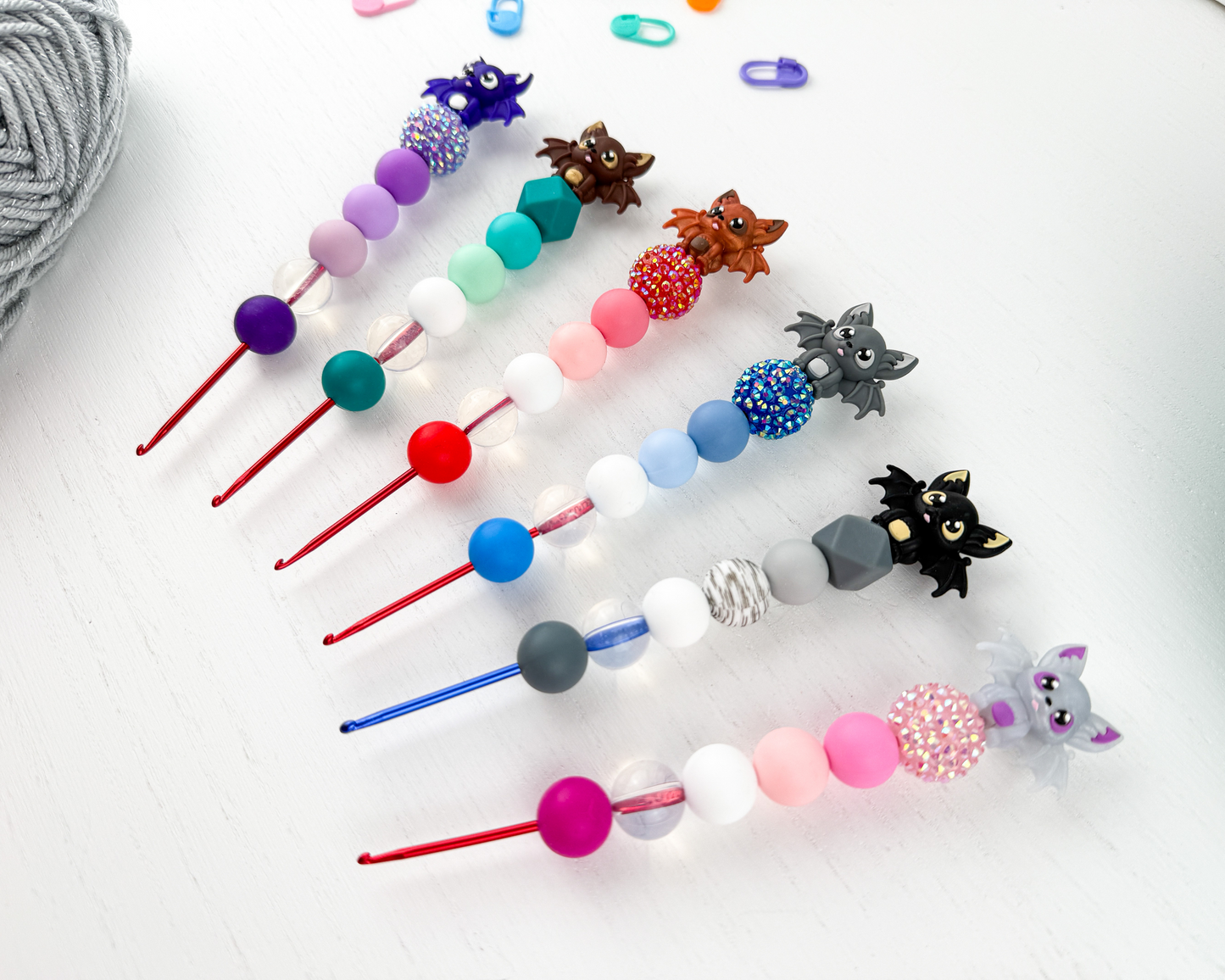 Custom Crochet Hook | Silicone Beaded Handle with Kawaii Bat Charm Topper