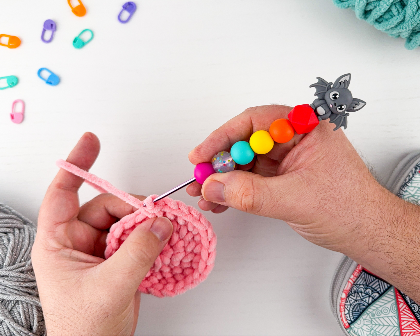 Custom Crochet Hook | Silicone Beaded Handle with Kawaii Bat Charm Topper