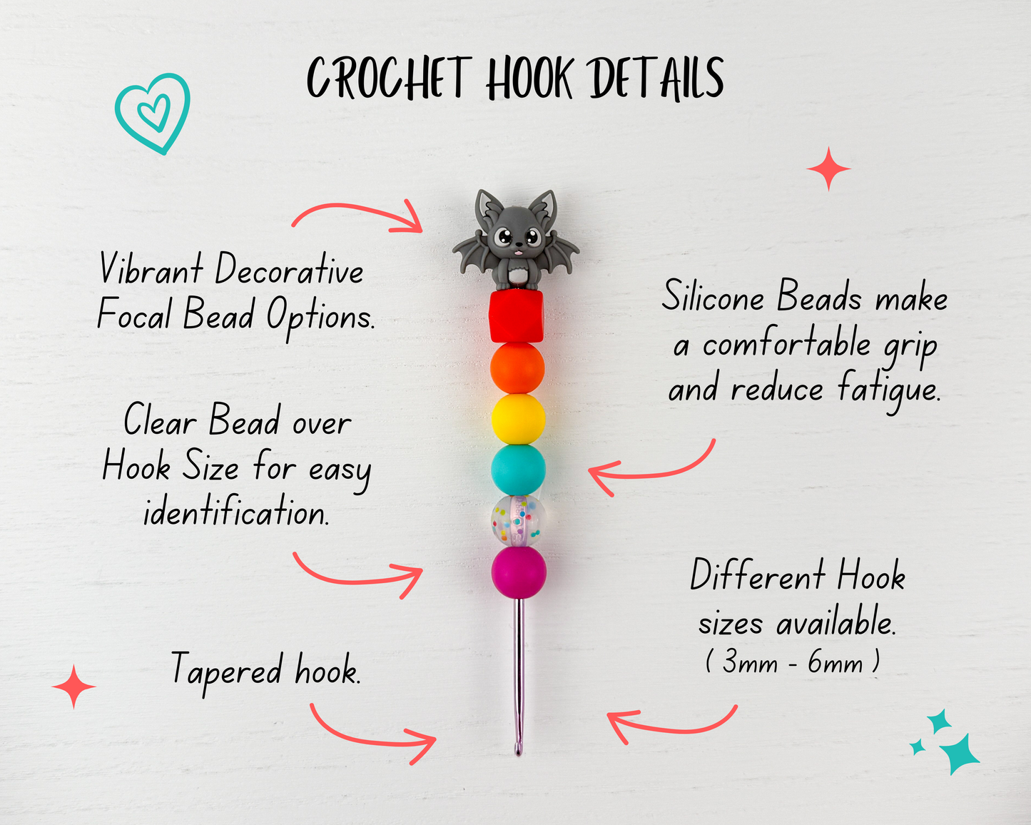 Custom Crochet Hook | Silicone Beaded Handle with Kawaii Bat Charm Topper