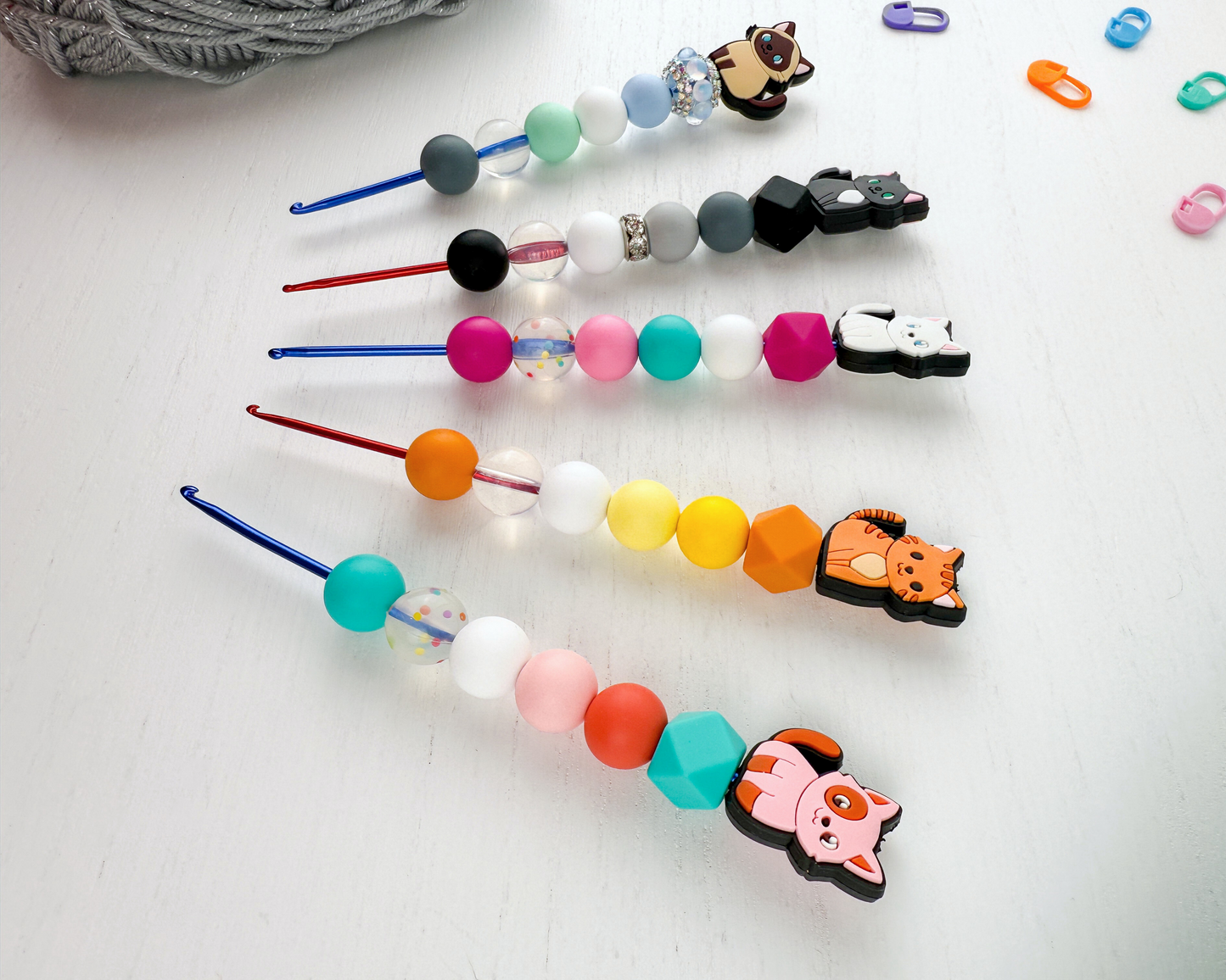 Custom Crochet Hook | Silicone Beaded Handle with Kawaii Cat Charm Topper