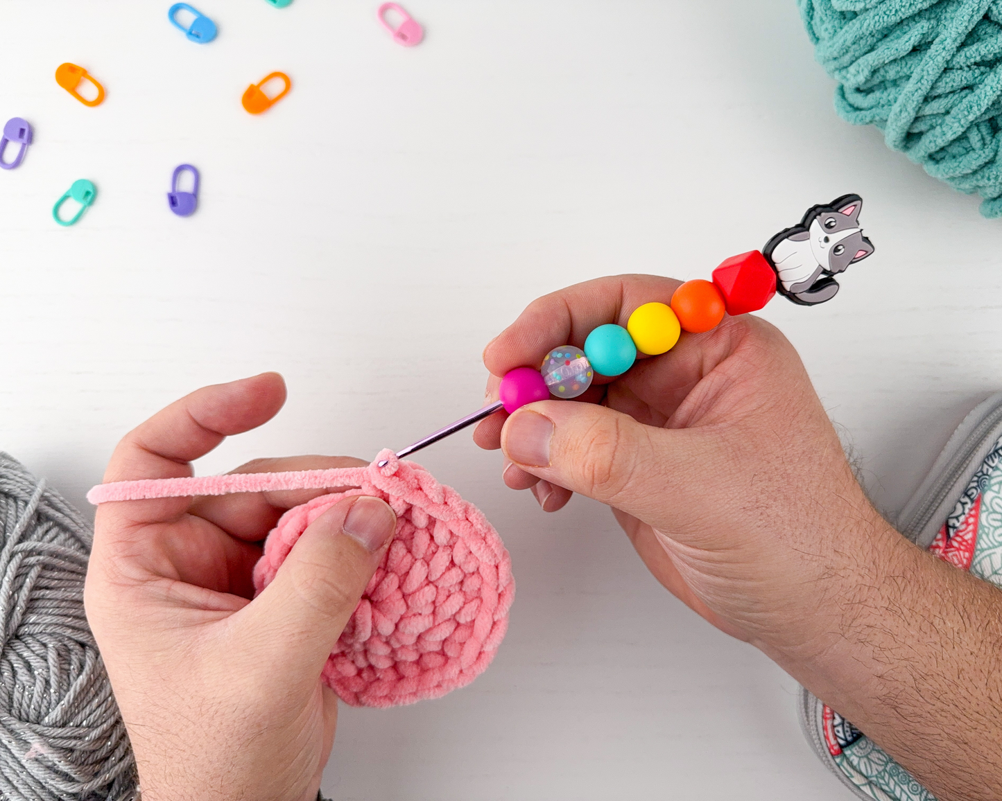 Custom Crochet Hook | Silicone Beaded Handle with Kawaii Cat Charm Topper