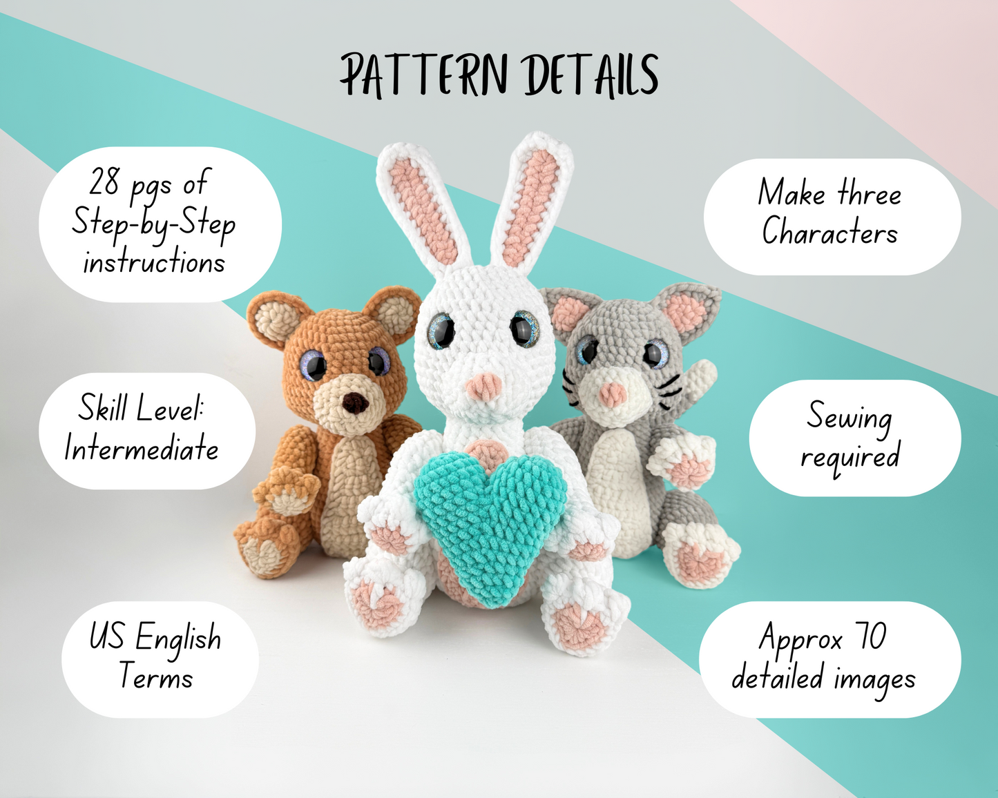 Amigos Crochet Pattern | Amigurumi Digital Download PDF Tutorial | Teddy Bear, Bunny and Cat