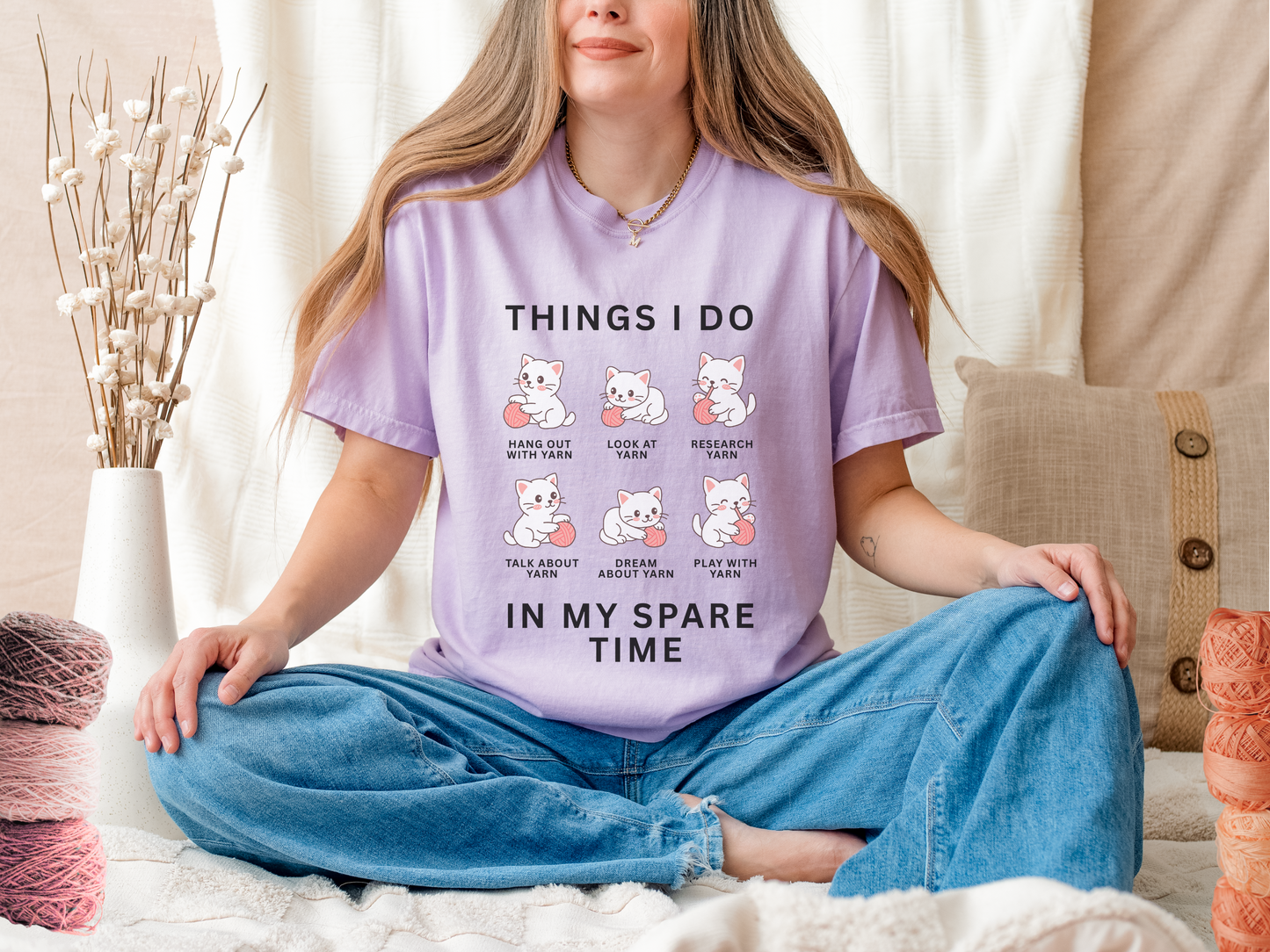 Funny Cute Cat Shirt | Spare Time Activities with Yarn Short Sleeve Tee