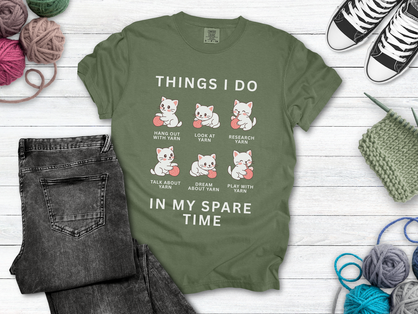 Funny Cute Cat Shirt | Spare Time Activities with Yarn Short Sleeve Tee