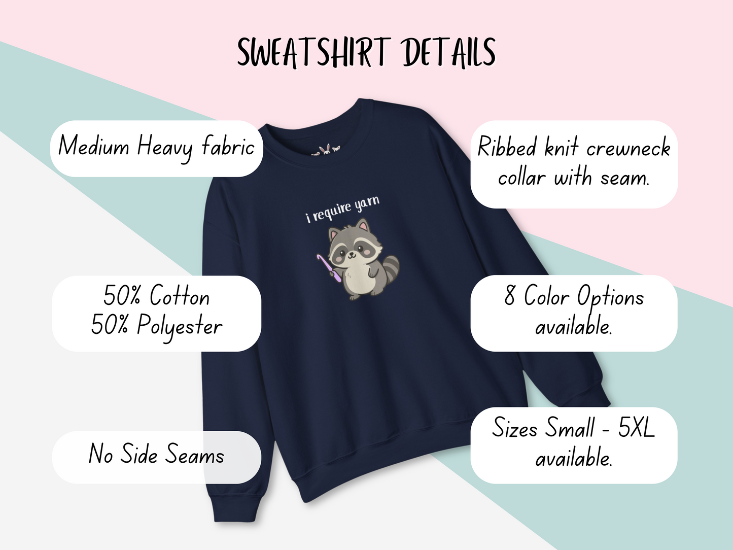 Require Yarn Sweatshirt | Cute Raccoon with Crochet Hook Funny Long Sleeve Crewneck Shirt