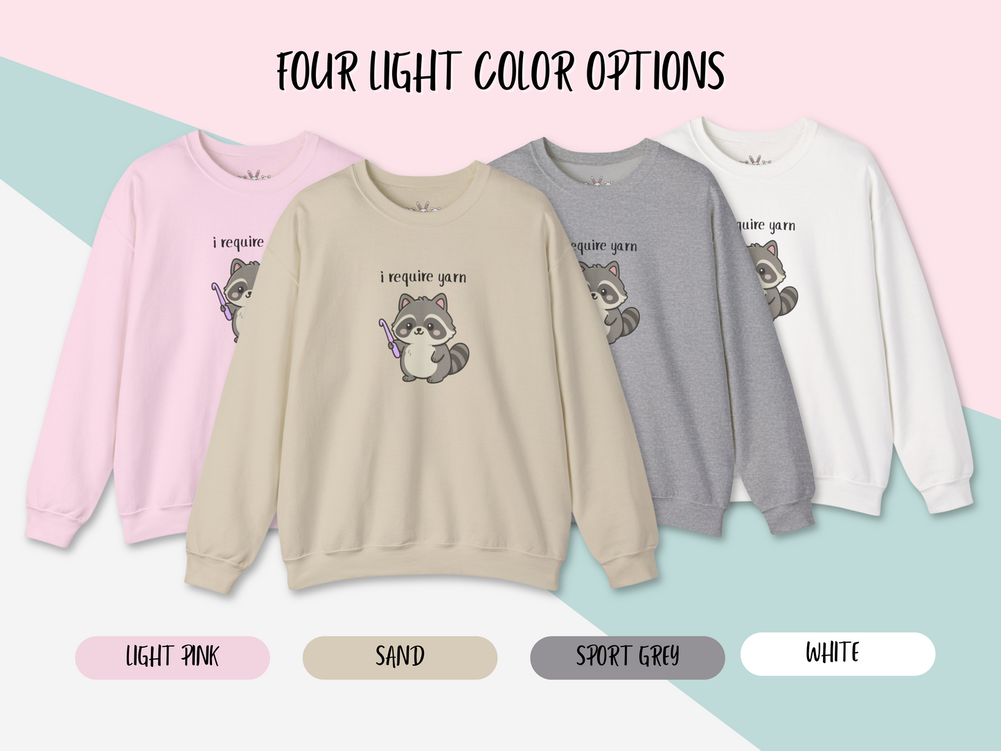 Require Yarn Sweatshirt | Cute Raccoon with Crochet Hook Funny Long Sleeve Crewneck Shirt