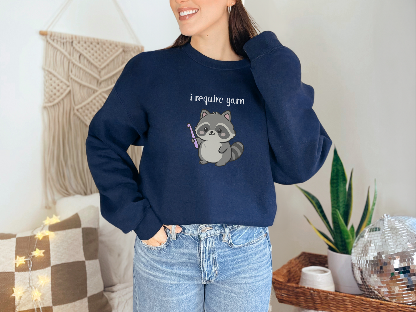 Require Yarn Sweatshirt | Cute Raccoon with Crochet Hook Funny Long Sleeve Crewneck Shirt
