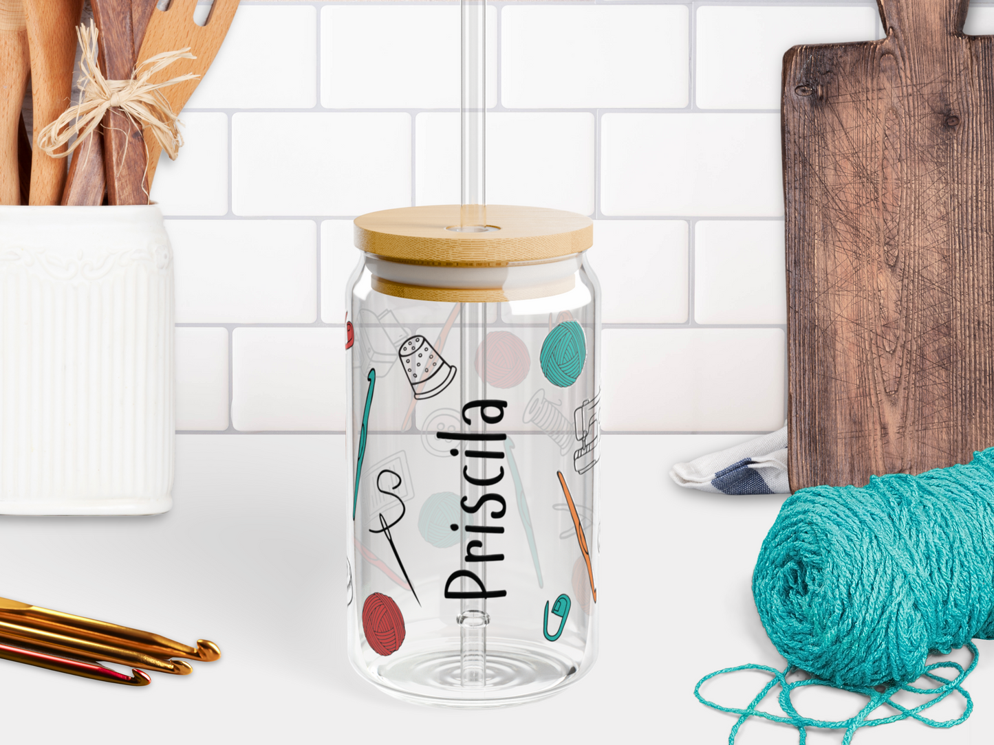 16 oz Glass Cup with Straw and Lid - Crochet Crafting Tools