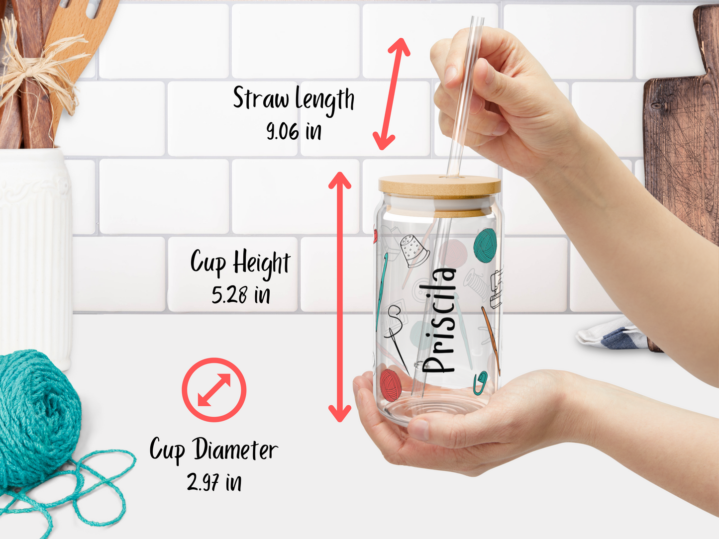 16 oz Glass Cup with Straw and Lid - Crochet Crafting Tools