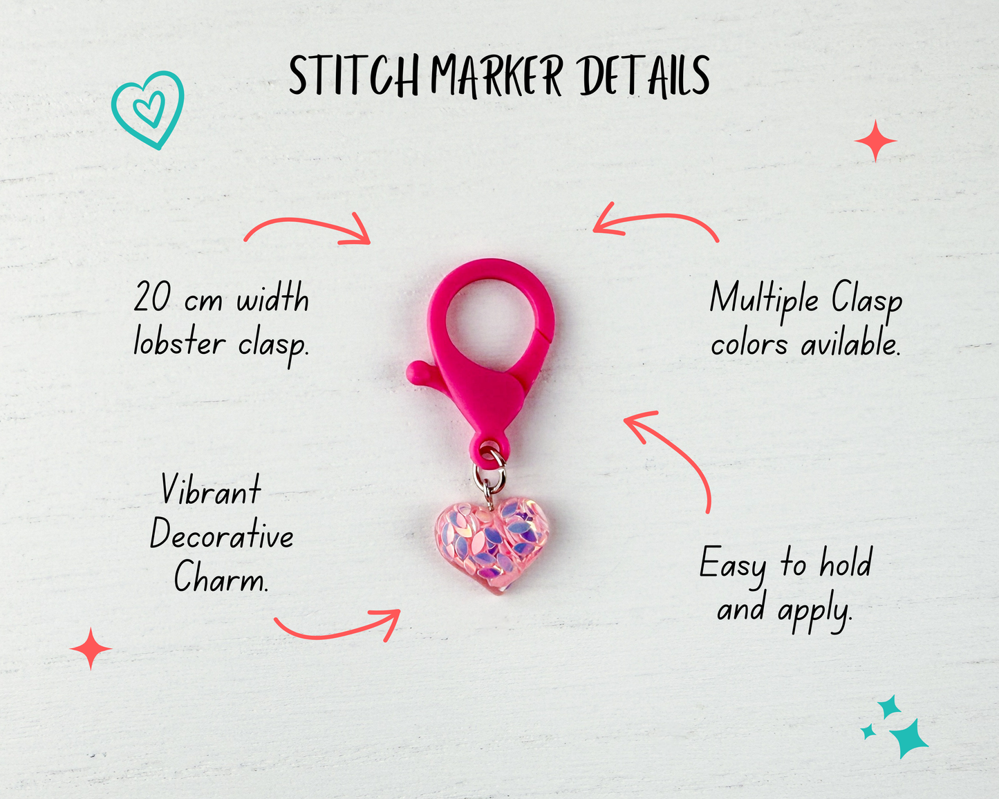 Custom Stitch Marker with Lobster Clasp | Glitter Heart Charm