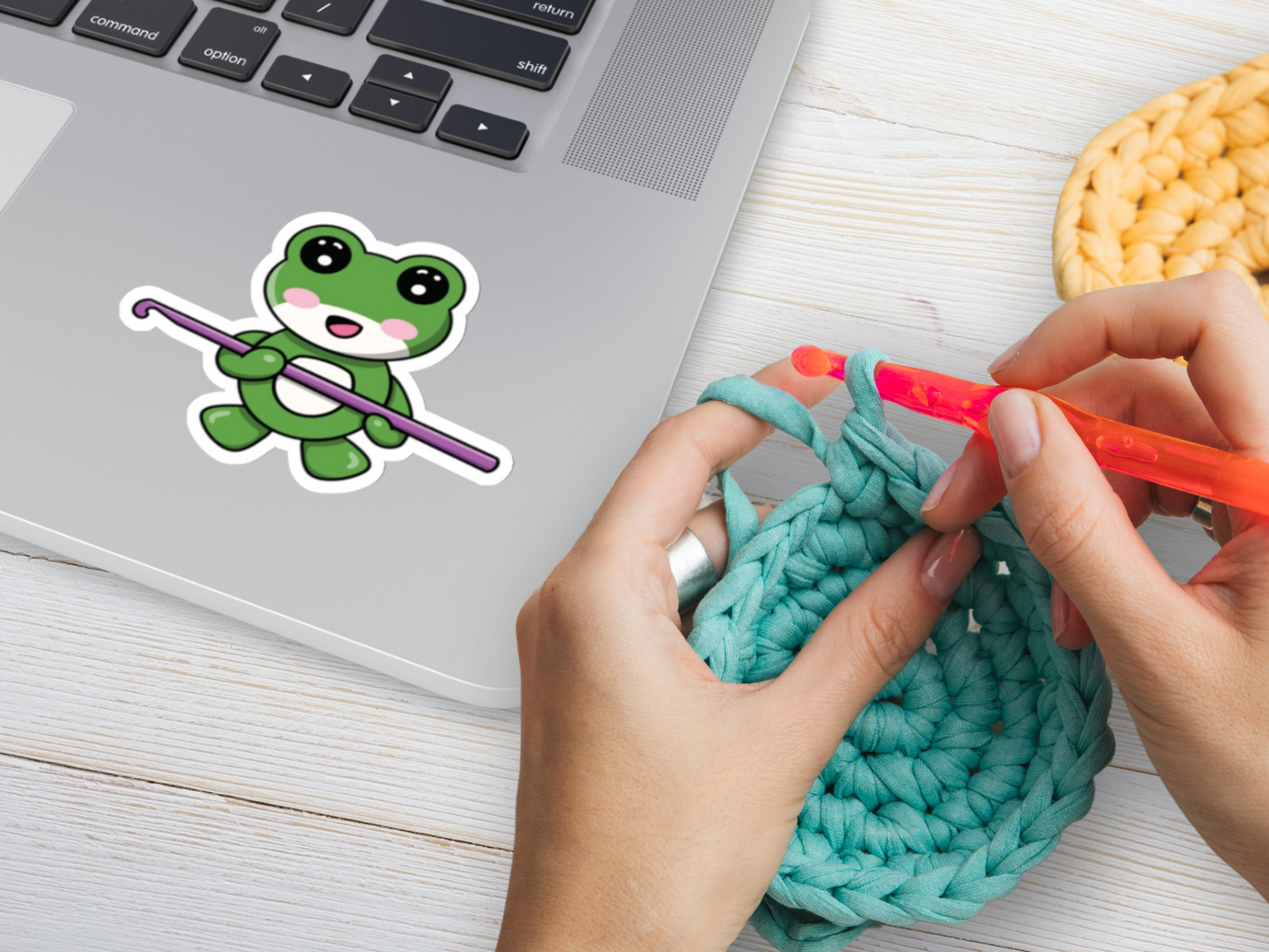Kiss-Cut Stickers - Cute Green Frog Holding a Crochet Hook
