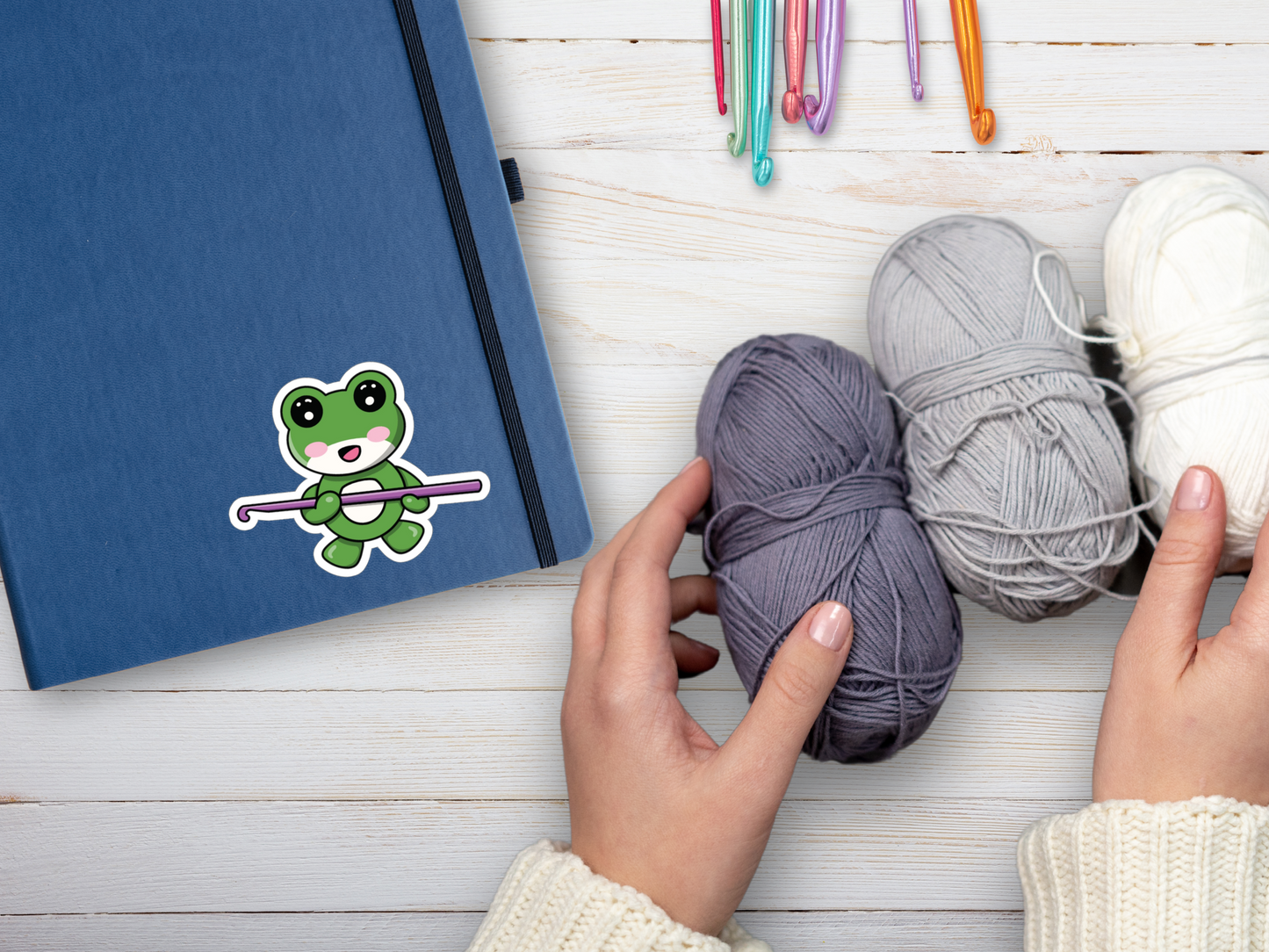 Kiss-Cut Stickers - Cute Green Frog Holding a Crochet Hook