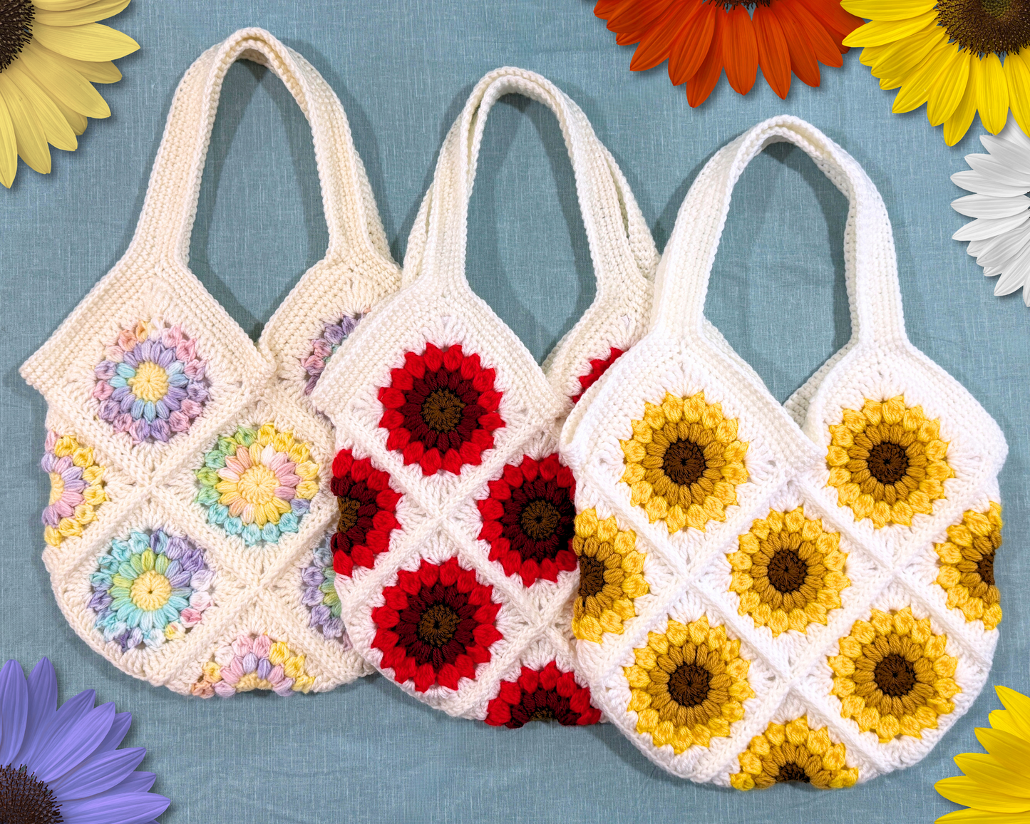 Sunflower Crochet Tote Bag | Granny Square Shoulder Purse