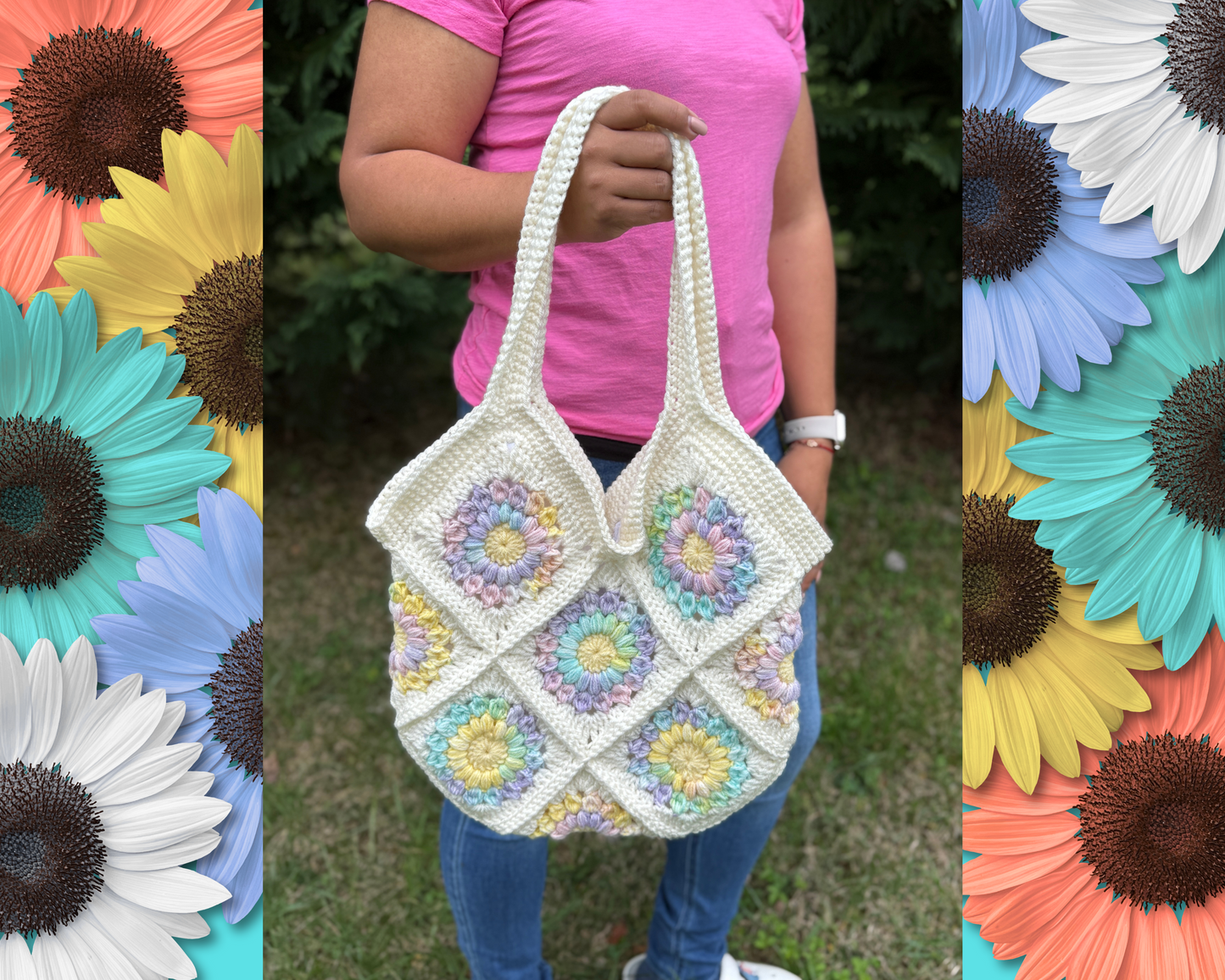 Sunflower Crochet Tote Bag | Granny Square Shoulder Purse