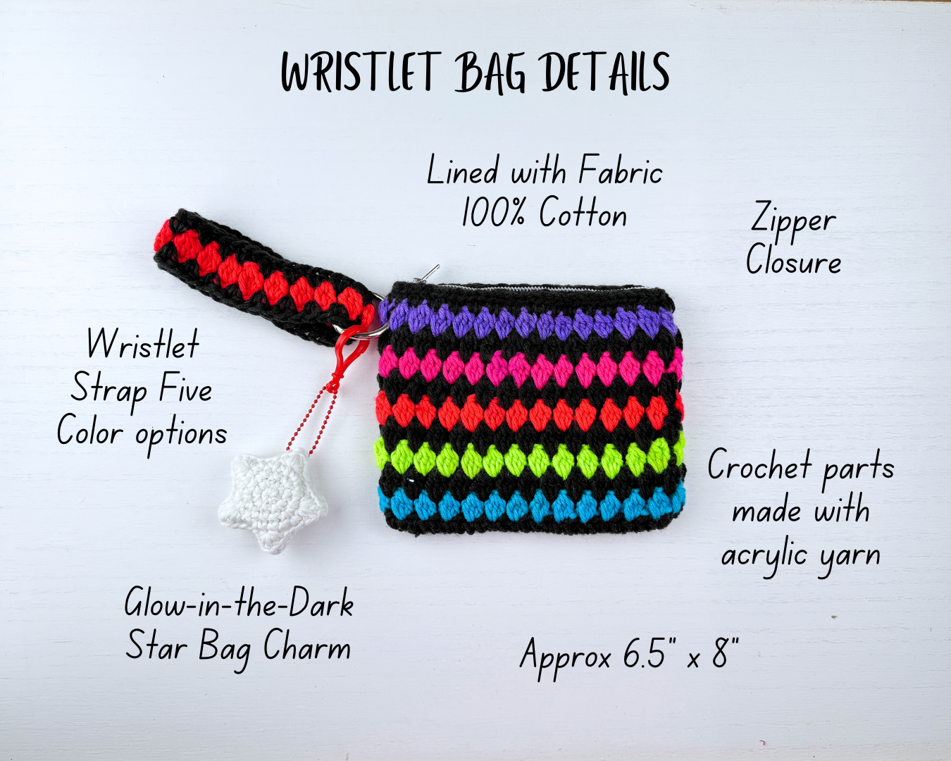Handmade Crochet Wristlet Bag with Glow-in-the-Dark Star Charm