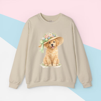 Floral Sun Hat Golden Retriever Dog Sweatshirt | Cottagecore Southern Garden Tea Party Graphic Shirt