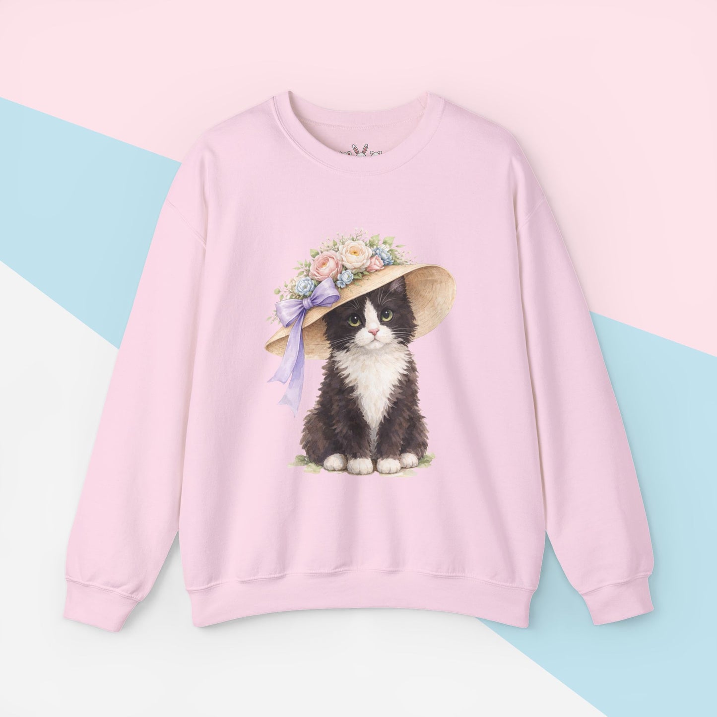 Floral Sun Hat Tuxedo Cat Sweatshirt | Cottagecore Southern Garden Tea Party Graphic Shirt