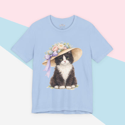 Floral Sun Hat Tuxedo Cat Shirt | Cottagecore Southern Garden Tea Party Graphic Tee