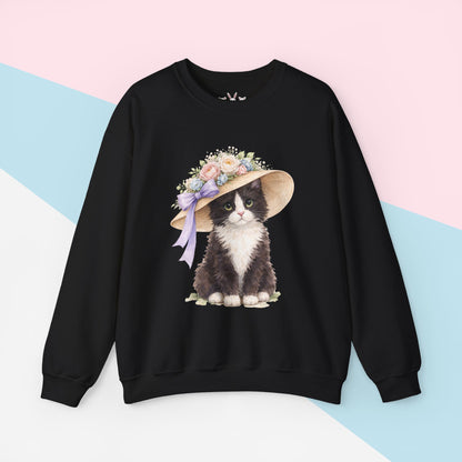 Floral Sun Hat Tuxedo Cat Sweatshirt | Cottagecore Southern Garden Tea Party Graphic Shirt