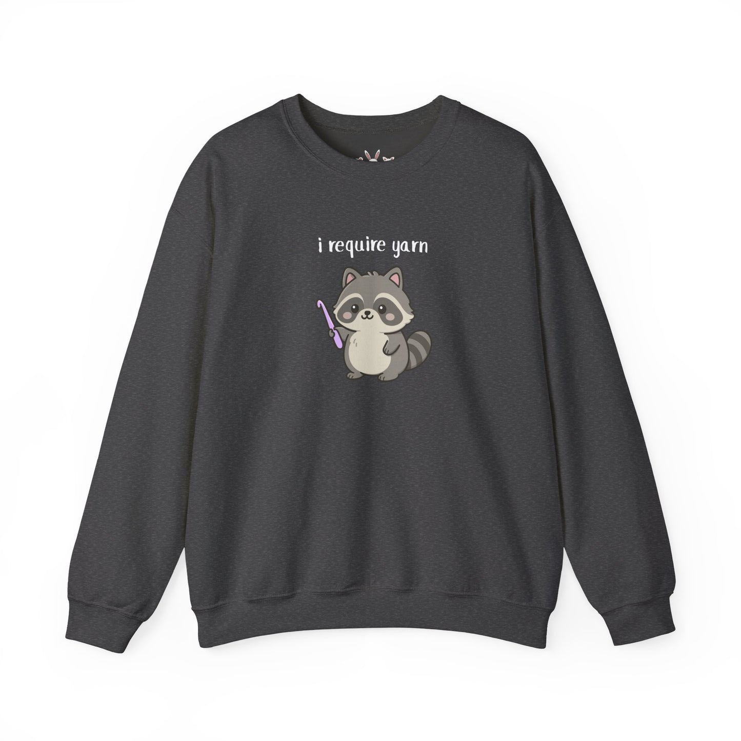 Require Yarn Sweatshirt | Cute Raccoon with Crochet Hook Funny Long Sleeve Crewneck Shirt
