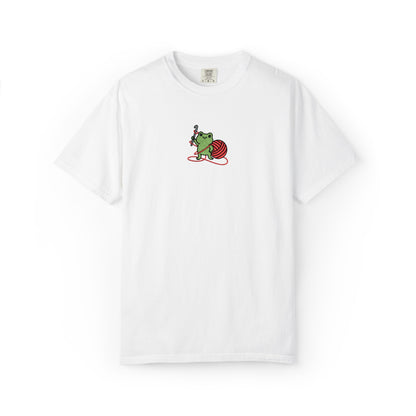 Embroidered Frog Graphic Shirt with Crochet Hook and Yarn