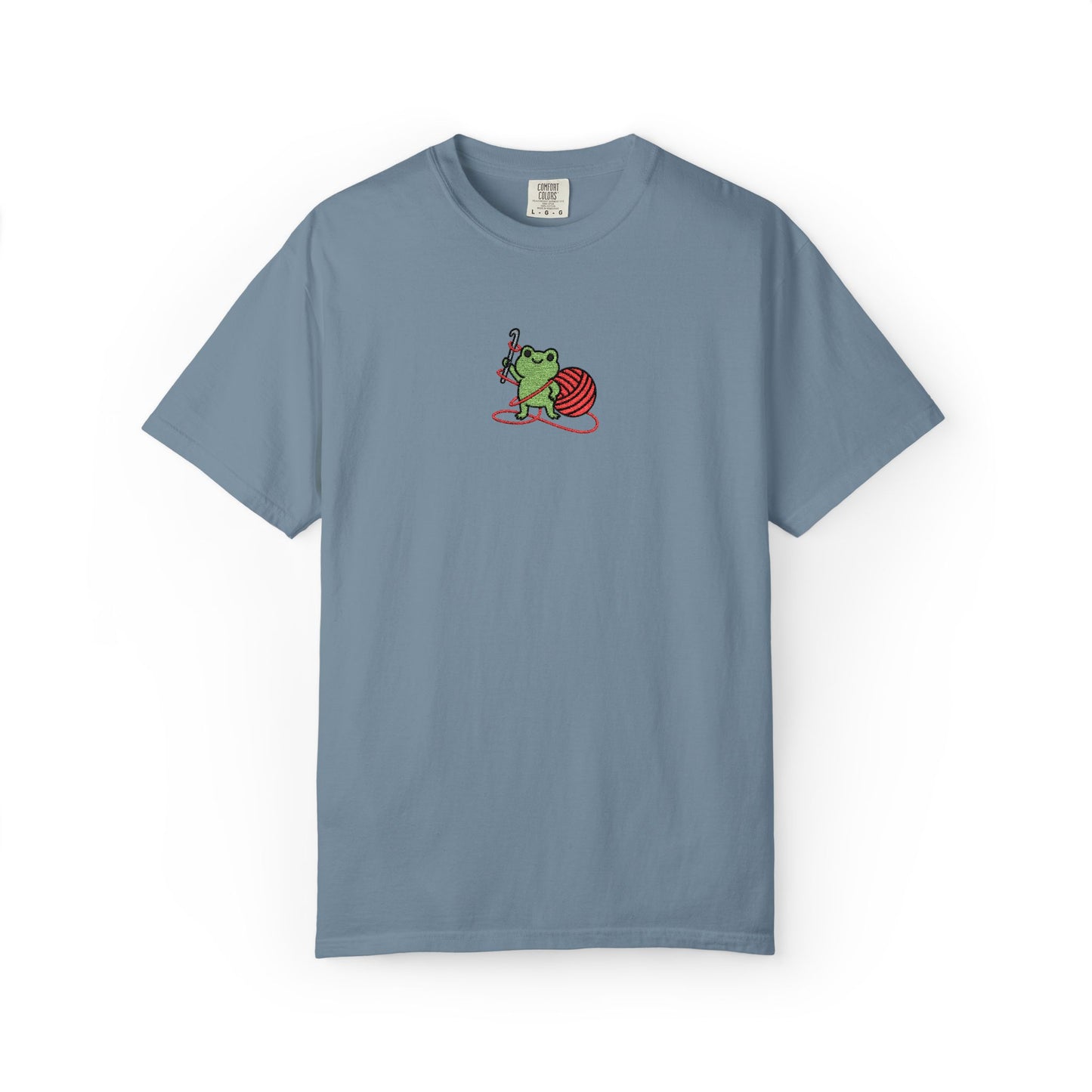 Embroidered Frog Graphic Shirt with Crochet Hook and Yarn