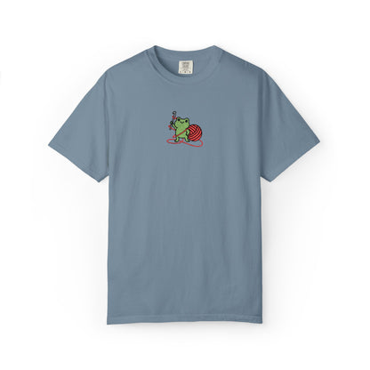 Embroidered Frog Graphic Shirt with Crochet Hook and Yarn