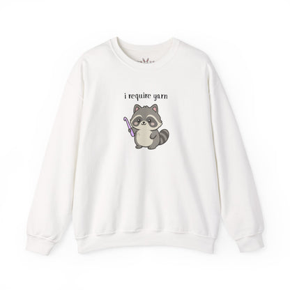 Require Yarn Sweatshirt | Cute Raccoon with Crochet Hook Funny Long Sleeve Crewneck Shirt