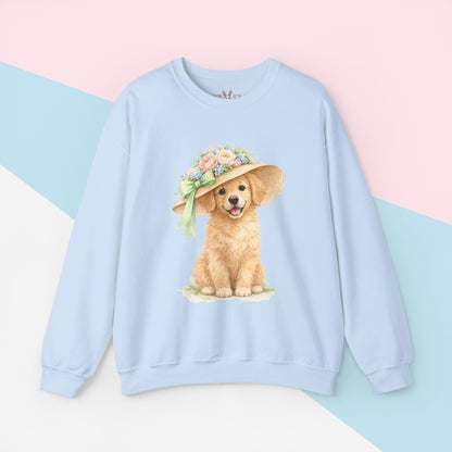 Floral Sun Hat Golden Retriever Dog Sweatshirt | Cottagecore Southern Garden Tea Party Graphic Shirt