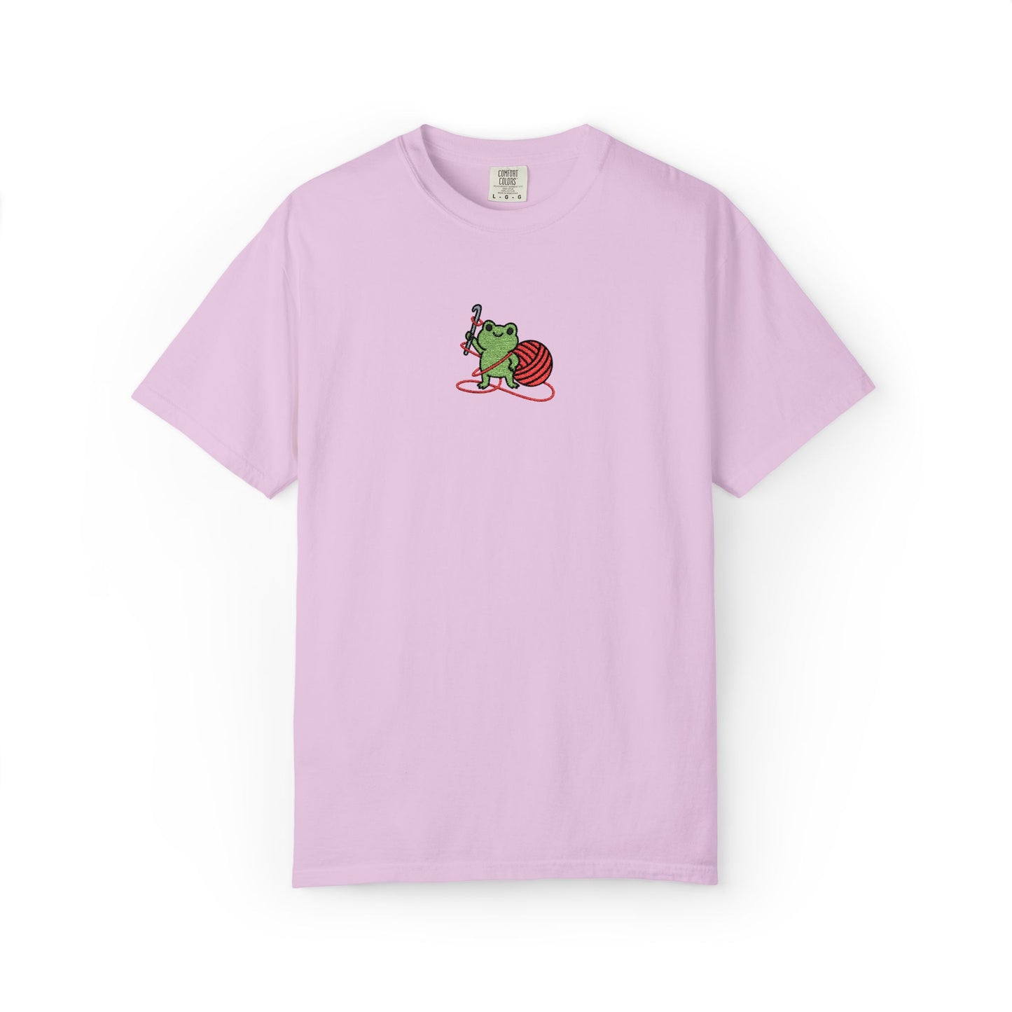 Embroidered Frog Graphic Shirt with Crochet Hook and Yarn