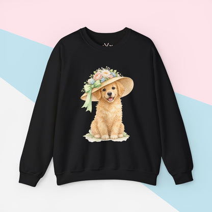 Floral Sun Hat Golden Retriever Dog Sweatshirt | Cottagecore Southern Garden Tea Party Graphic Shirt