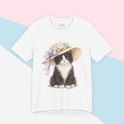 Floral Sun Hat Tuxedo Cat Shirt | Cottagecore Southern Garden Tea Party Graphic Tee