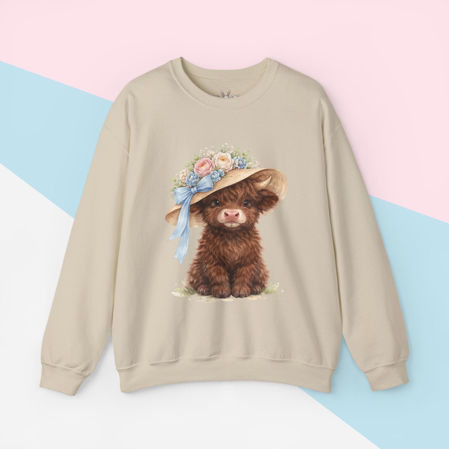 Floral Sun Hat Highland Cow Sweatshirt | Cottagecore Southern Garden Tea Party Graphic Shirt