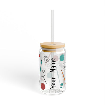 16 oz Glass Cup with Straw and Lid - Crochet Crafting Tools