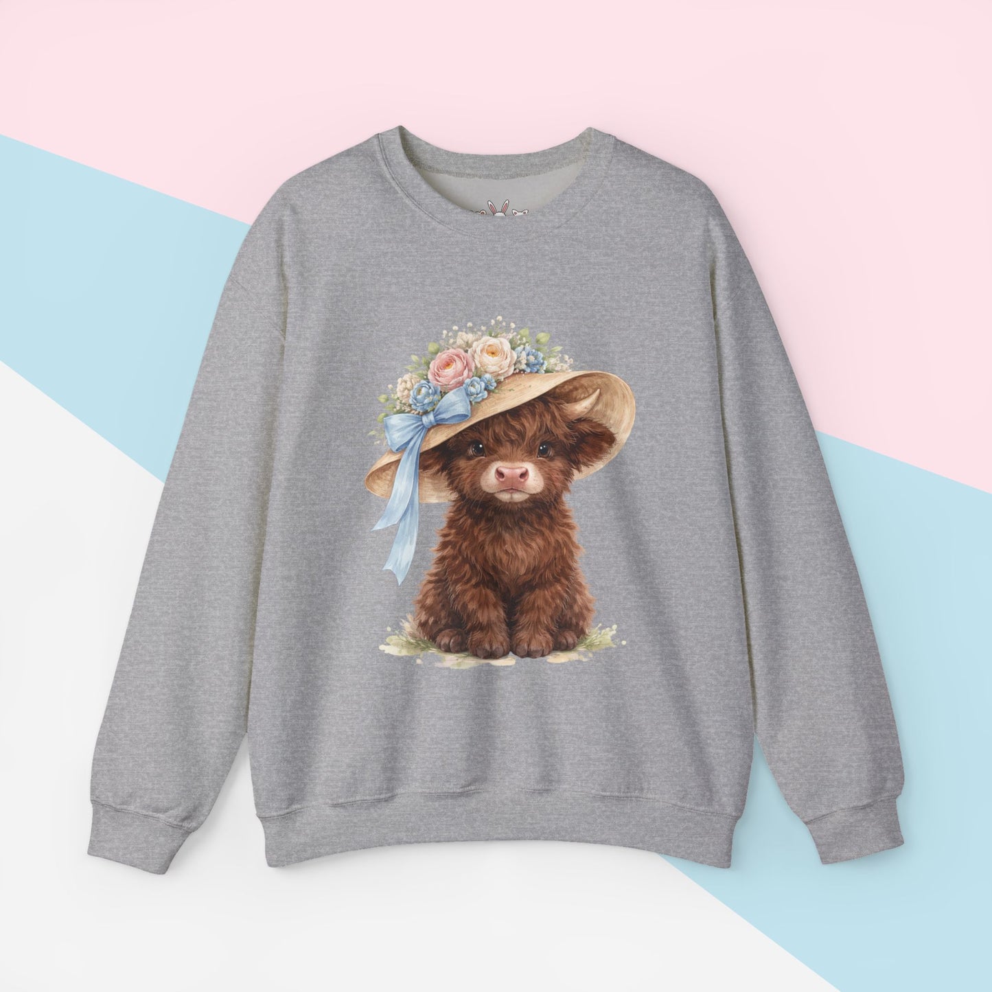 Floral Sun Hat Highland Cow Sweatshirt | Cottagecore Southern Garden Tea Party Graphic Shirt