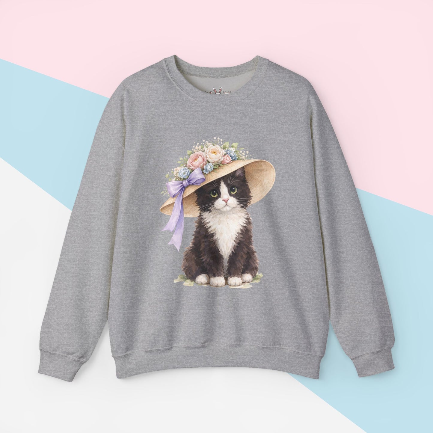 Floral Sun Hat Tuxedo Cat Sweatshirt | Cottagecore Southern Garden Tea Party Graphic Shirt