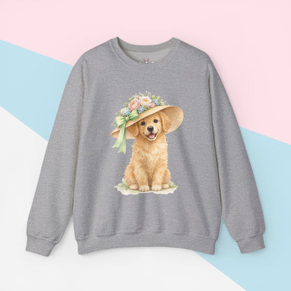 Floral Sun Hat Golden Retriever Dog Sweatshirt | Cottagecore Southern Garden Tea Party Graphic Shirt