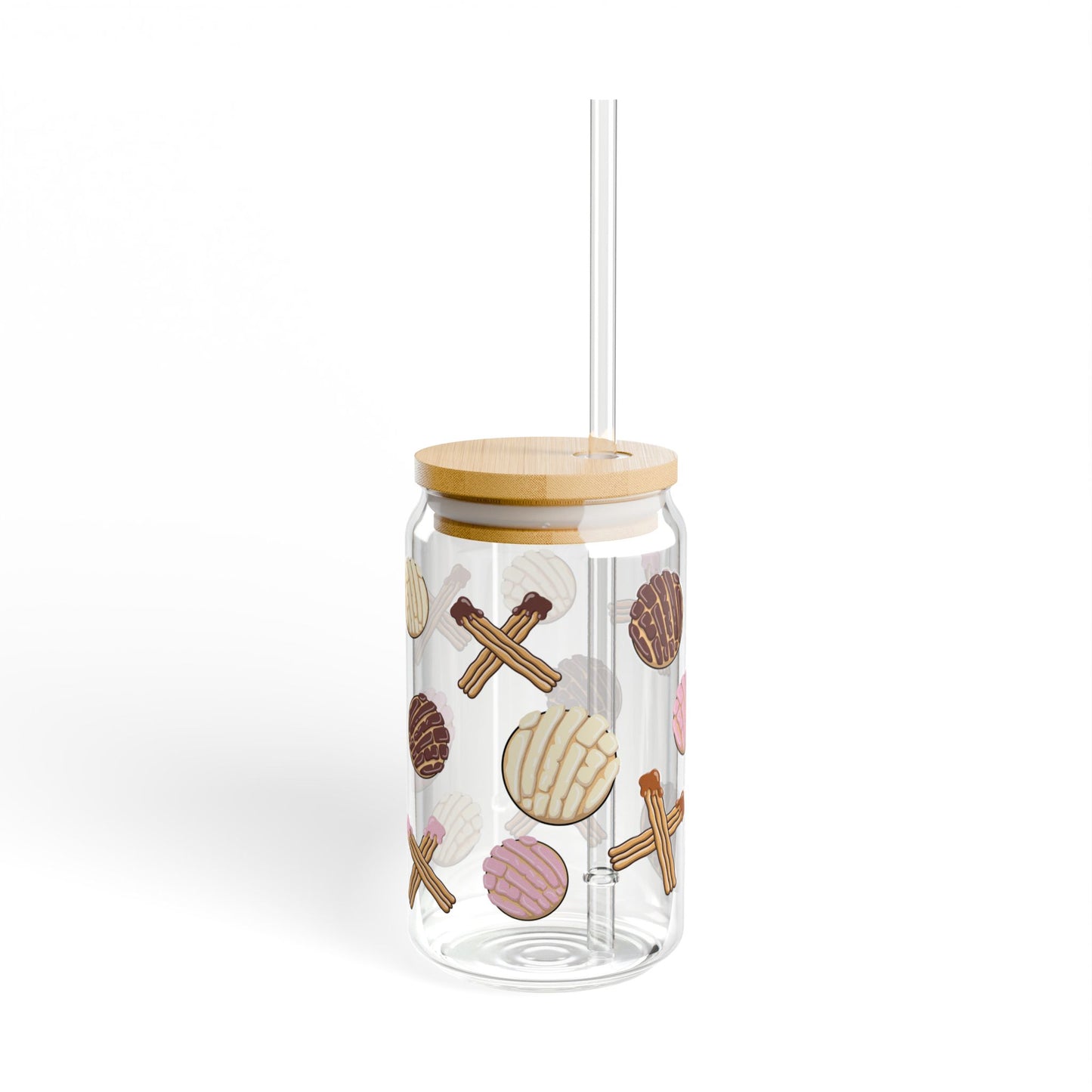 16 oz Glass Cup with Straw and Lid - Conchas and Churros